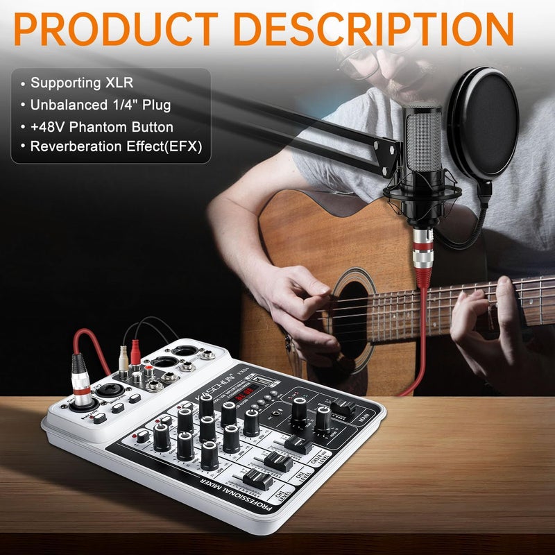 Kaschun Professional Audio Mixer Sound Board, 4 Channel Bluetooth Mixing Console with Effect, USB MP3 Computer Input, 48v Phantom Power, Portable Small DJ Mixer for Karaoke Home Recording Podcasting Streaming - Image 5